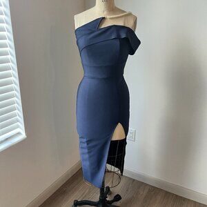 Navy Scuba Asymmetrical Pearl Strap Midi Dress S